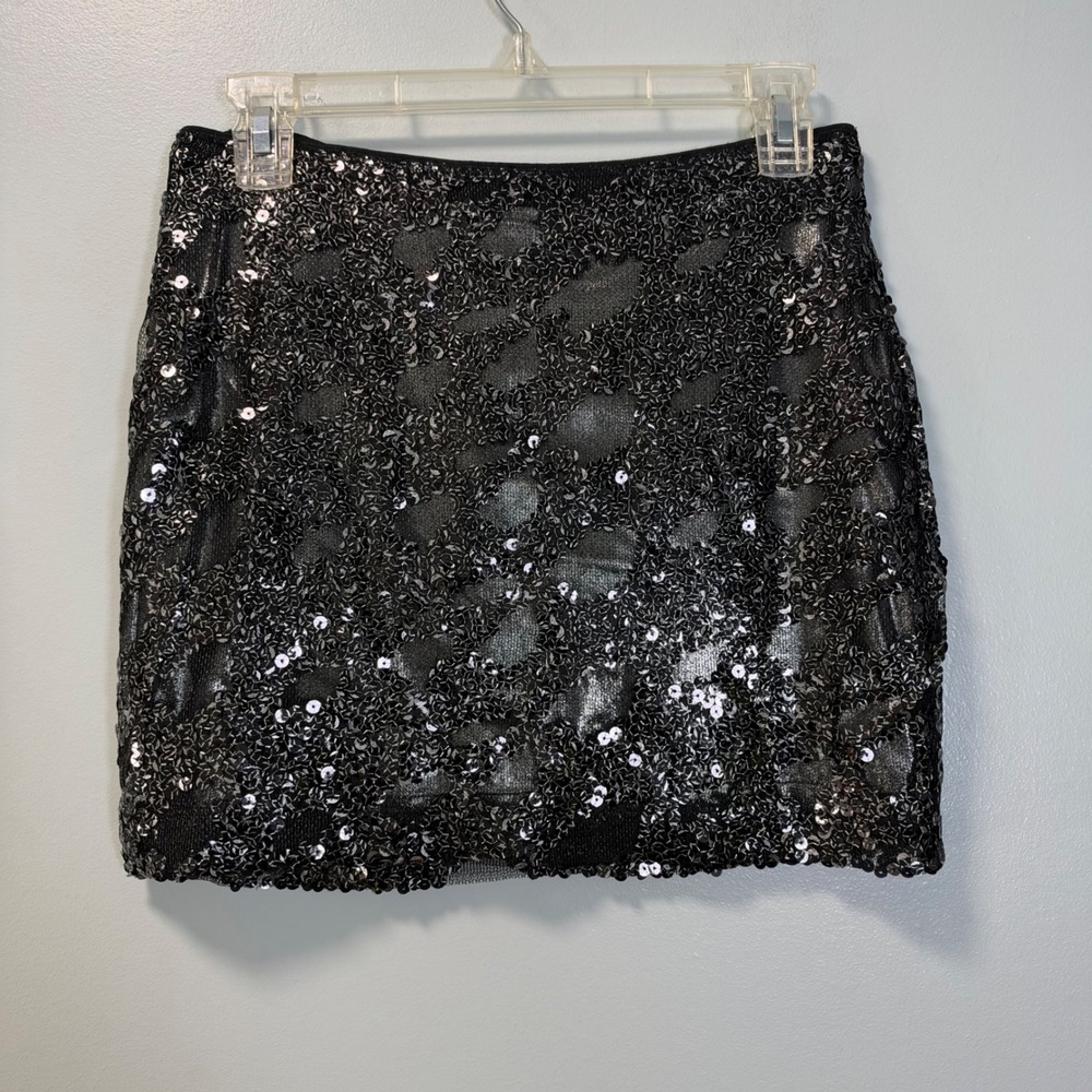 Express Black Sequin Animal Print Pull-on Mini Skirt XS Party Night Out Glam